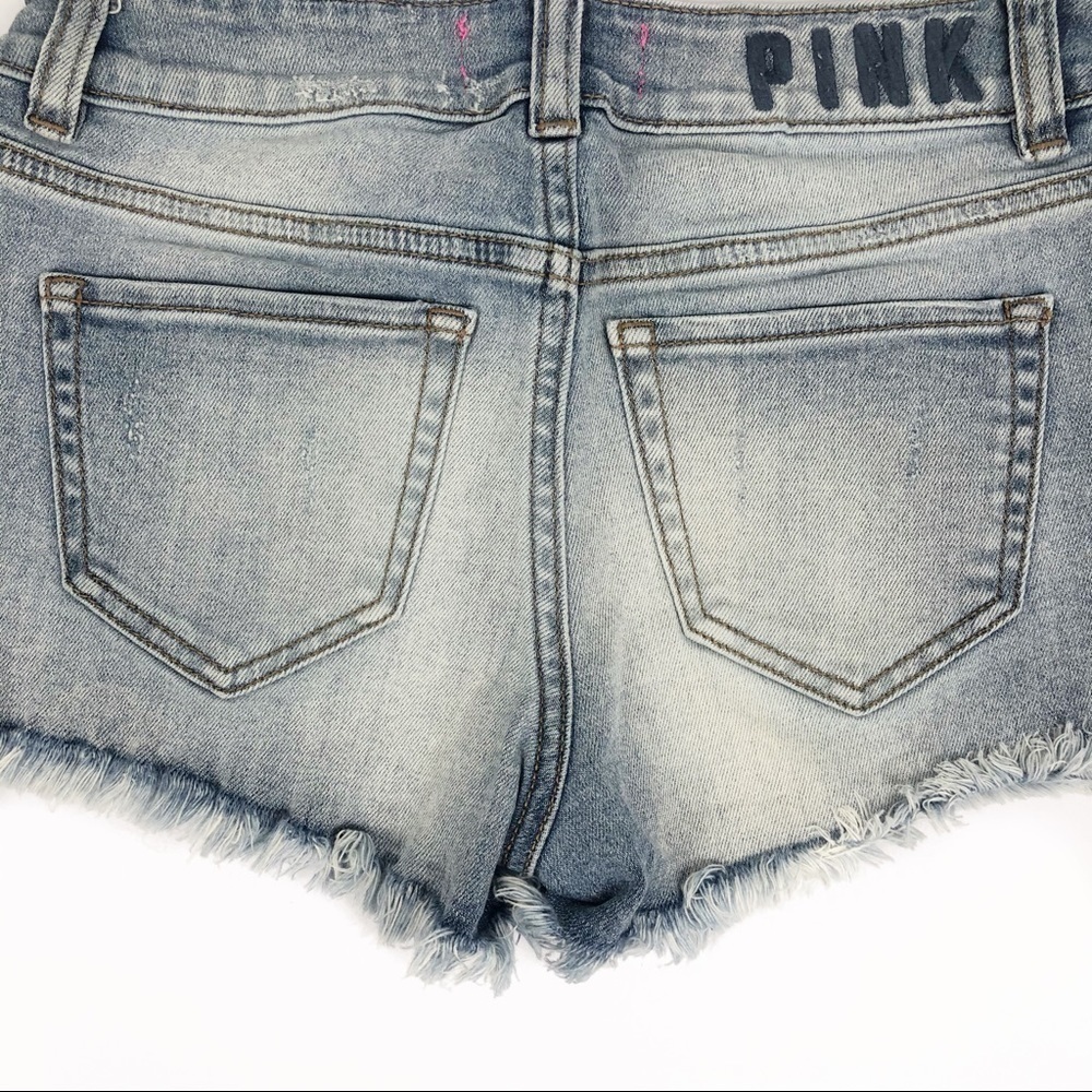 Victoria’s Secret Pink Distressed Denim Raw Hem Light Wash‎ Short Shorts Cutoffs - Picture 6 of 7